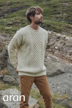 ARAN Rundhals Pullover beige Merinowolle