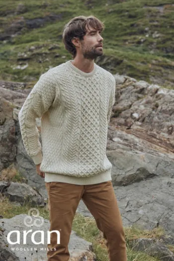 ARAN Rundhals Pullover beige Merinowolle Supersoft