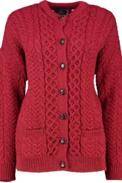 ARAN Strickjacke rot im typischen Aran Strick aus Merinowolle