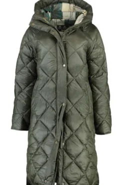 BARBOUR Stepp-Mantel Sandyfort oliv mit klassischem Tartan Karo in der Kapuze
