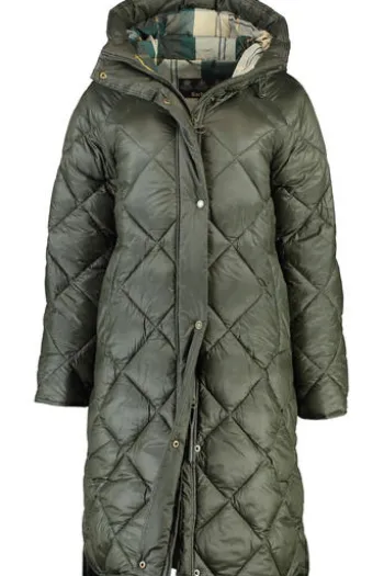 BARBOUR Stepp-Mantel Sandyfort oliv mit klassischem Tartan Karo in der Kapuze