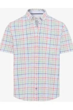 BRAX Hemd blau kariert Modern Fit Halbarm
