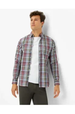 BRAX Hemd Daniel blau/rot kariert Modern Fit Langarm Button-Down