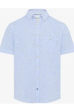 BRAX Hemd hellblau kariert Modern Fit Halbarm