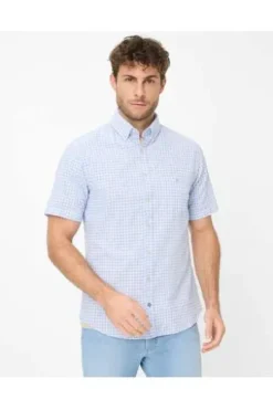 BRAX Hemd hellblau kariert Modern Fit Halbarm