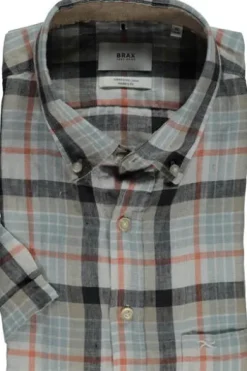 BRAX Leinen Hemd Dan hellbraun kariert Slim Fit kurzarm