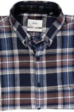 BRAX Light Flanell Hemd Daniel blau/braun kariert Modern Fit Langarm Button-Down