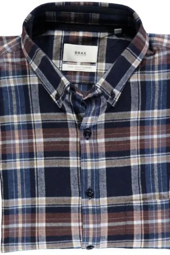 BRAX Light Flanell Hemd Daniel blau/braun kariert Modern Fit Langarm Button-Down
