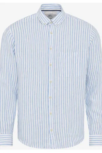 BRAX Streifen Leinen Hemd Dirk hellblau gestreift Modern Fit Langarm Leinen
