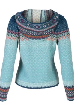 DUNQUE Jacquard-Strickjacke Petrol-natur-bunt gemustert mit Kapuze