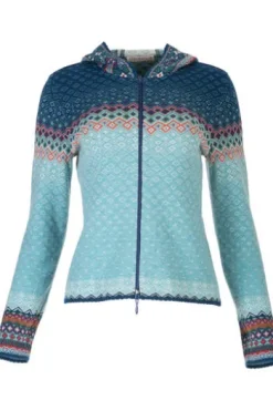 DUNQUE Jacquard-Strickjacke Petrol-natur-bunt gemustert mit Kapuze