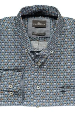 FYNCH HATTON Hemd blau/gelb gemustert Regular Fit Langarm Button-Down
