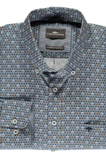 FYNCH HATTON Hemd blau/gelb gemustert Regular Fit Langarm Button-Down
