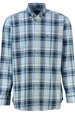 FYNCH HATTON Hemd blau/grün kariert Comfort Fit Langarm Button-down