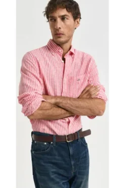 GANT REG Leinen Hemd brick red gestreift Regular Fit Langarm