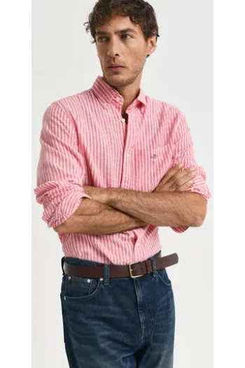 GANT REG Leinen Hemd brick red gestreift Regular Fit Langarm