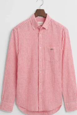 GANT REG Leinen Hemd brick red gestreift Regular Fit Langarm