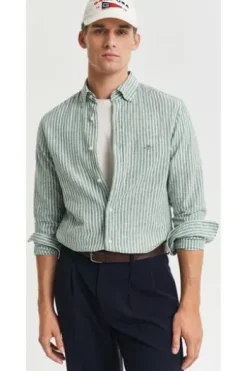 GANT REG Leinen Hemd woody green gestreift Regular Fit Langarm