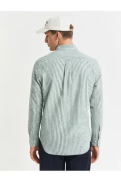GANT REG Leinen Hemd woody green gestreift Regular Fit Langarm