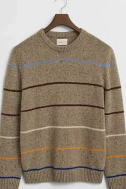 GANT Wollmix Rundhals-Pullover dark sand melange gestreift Regular Fit