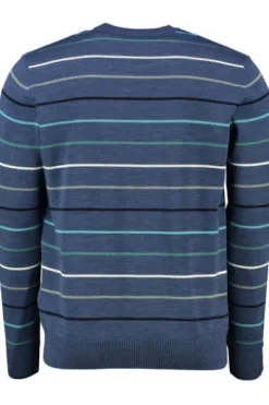 MAERZ Rundhals Pullover Blau gestreift extra feine Merinowolle
