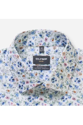 OLYMP City Hemd Luxor weiss geblümt Modern Fit Langarm
