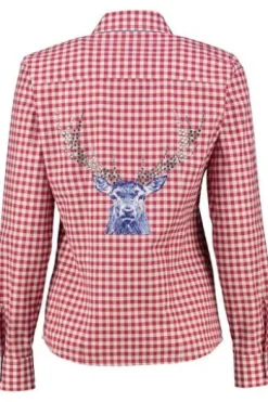 OS TRACHTEN Bluse rot kariert mit Hirschmotiv