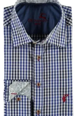 OS TRACHTEN Hemd blau kariert Slim Fit Langarm Haifischkragen