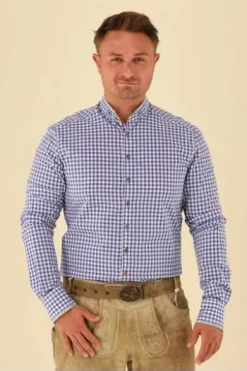 OS TRACHTEN Hemd blau kariert Slim Fit Langarm Stehkragen