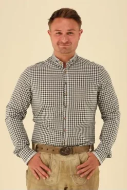 OS TRACHTEN Hemd grün kariert Slim Fit Langarm Stehkragen