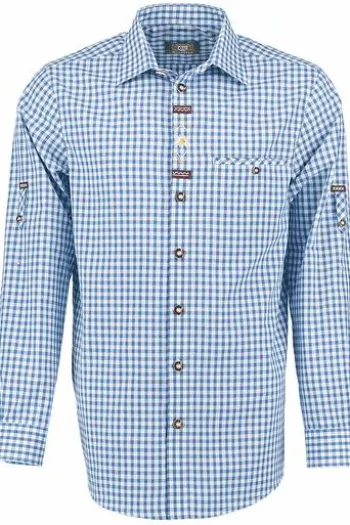 OS TRACHTEN Hemd mit Krempelarm blau kariert Regular Fit Langarm Krempelärmel