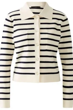 OUI Feinstrickjacke mit wertigen, dekorativen Knöpfen white blue gestreift Slim Fit Langarm