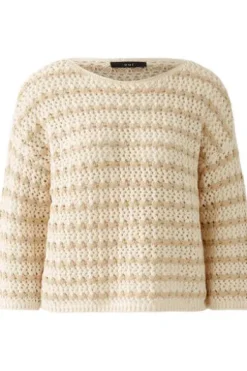 OUI Lässiger Sommerpullover in aufwendiger Stricktechnik white camel gestreift 7/8-Arm