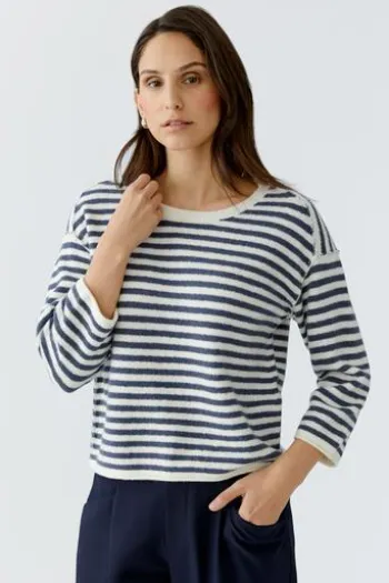 OUI Pullover white blue gestreift 3/4-Arm